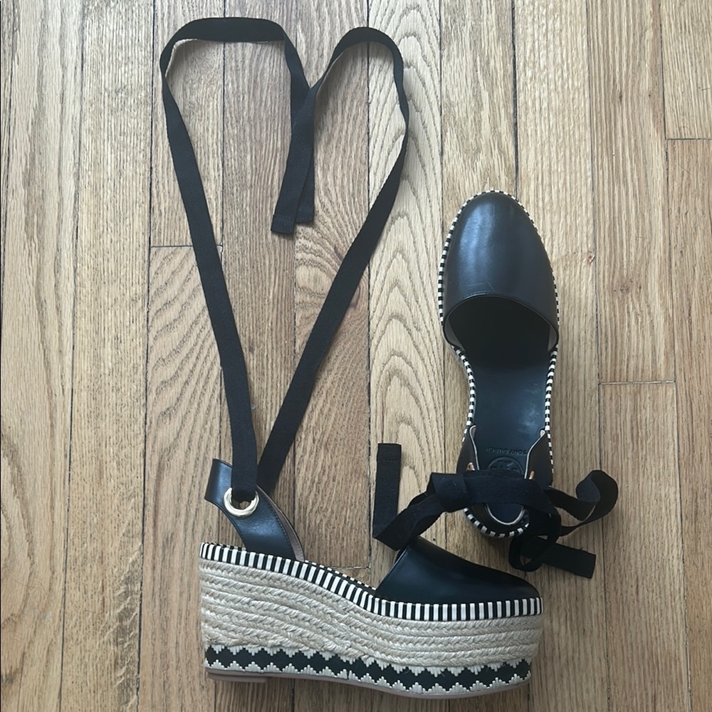 Tory Burch Black and Tan Espadrille Wedge Sandals